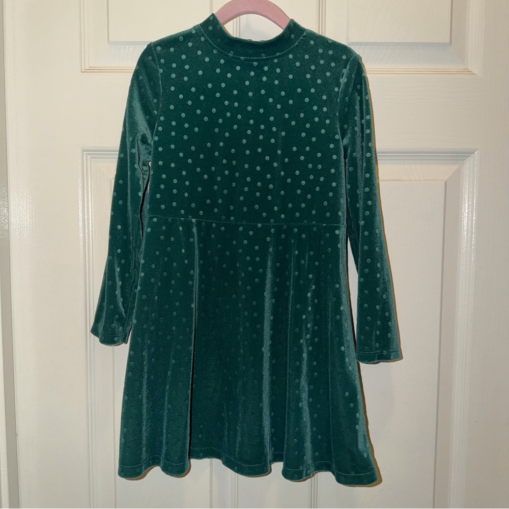 Cat & Jack Toddler GIrl’s Green Polka Dot Long Sleeve Velvet A-Line Dress 5T